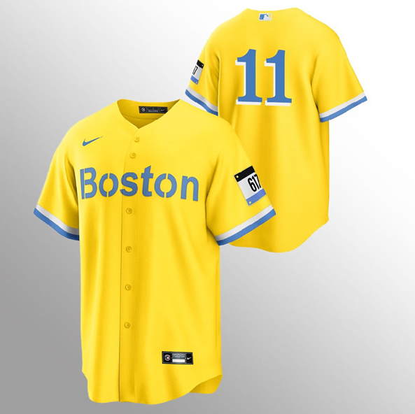Men's Boston Red Sox #11 Rafael Devers Gold MLB 2021 City Connect Stitched Jersey Men's Boston Red Sox #11 Rafael Devers Gold MLB 2021 City Connect Stitched Jersey